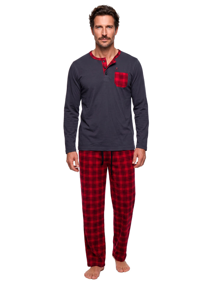 Pyjama Set Langarm - Carlo Stehkragen Uni Karo-Hose