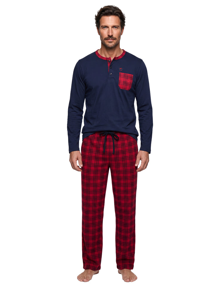 Pyjama Set Langarm - Carlo Stehkragen Uni Karo-Hose