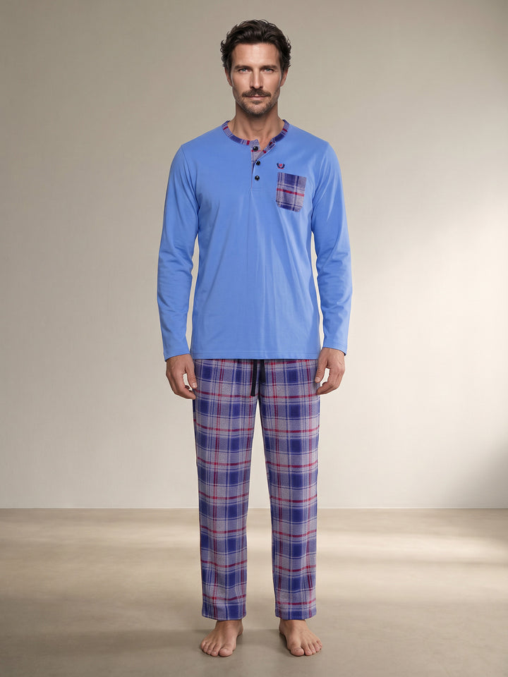 Pyjama Set Langarm - Carlo Stehkragen Uni Karo-Hose