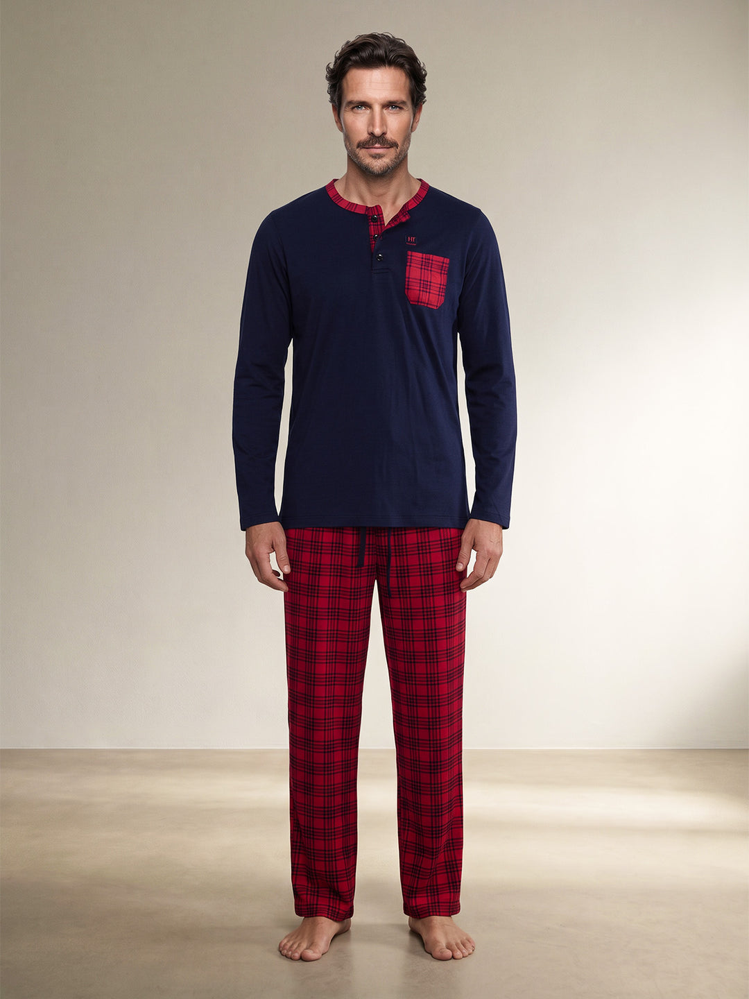Pyjama Set Langarm - Carlo Stehkragen Uni Karo-Hose