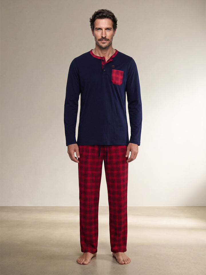 Pyjama Set Langarm - Carlo Stehkragen Uni Karo-Hose