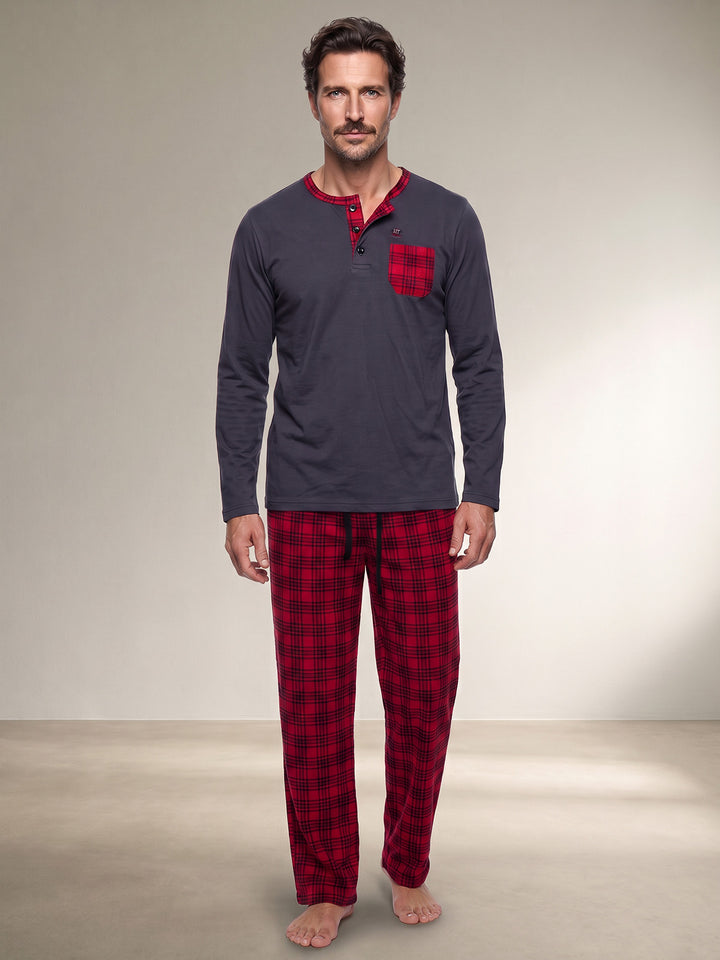 Pyjama Set Langarm - Carlo Stehkragen Uni Karo-Hose