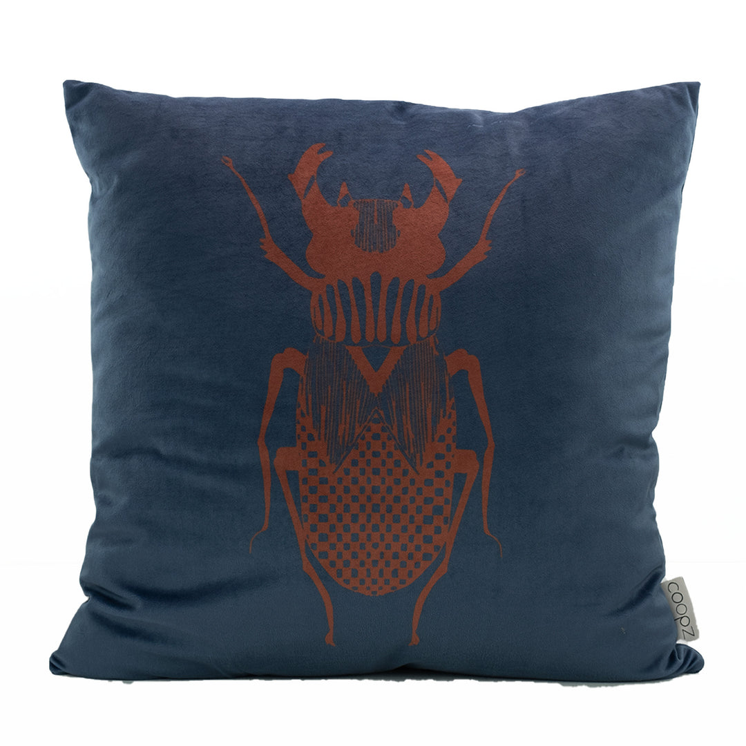 Cushion Stag Beetle Graphic Velvet Blue