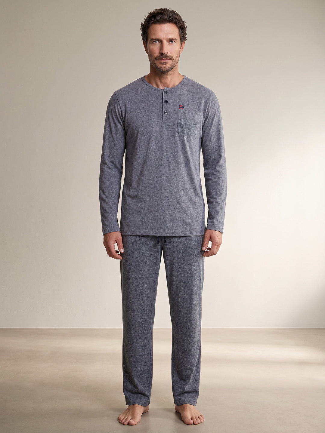 Pyjama Set Langarm - Carlo Henley Fein-Muster-Hose Brusttasche