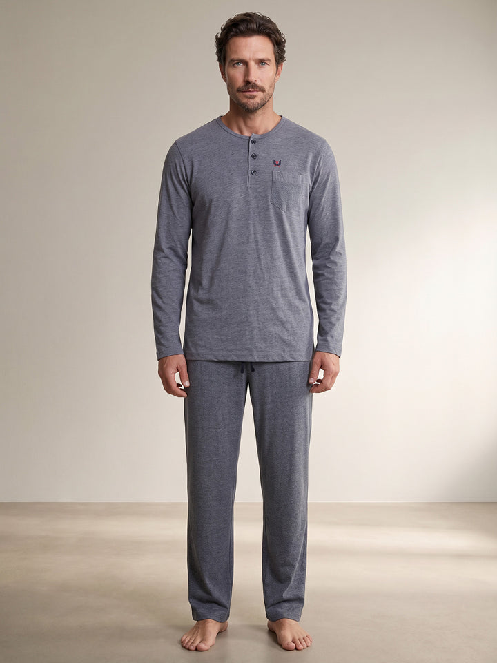 Pyjama Set Langarm - Carlo Henley Fein-Muster-Hose Brusttasche