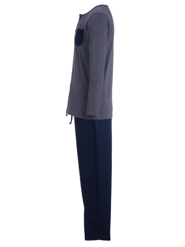 Pyjama Set Langarm - Carlo Henley Uni Kontrast-Brusttasche