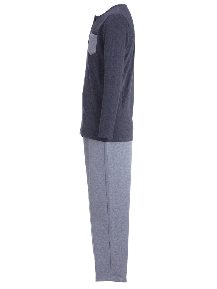 Pyjama Set Langarm - Carlo Henley Uni Kontrast-Brusttasche