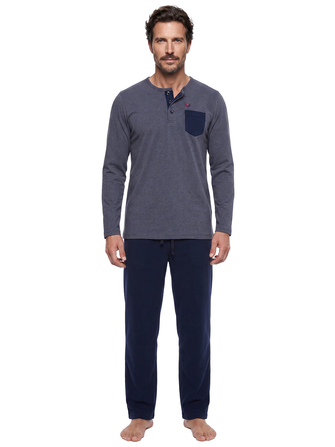 Pyjama Set Langarm - Carlo Henley Uni Kontrast-Brusttasche