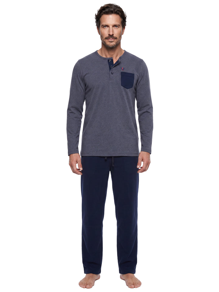 Pyjama Set Langarm - Carlo Henley Uni Kontrast-Brusttasche