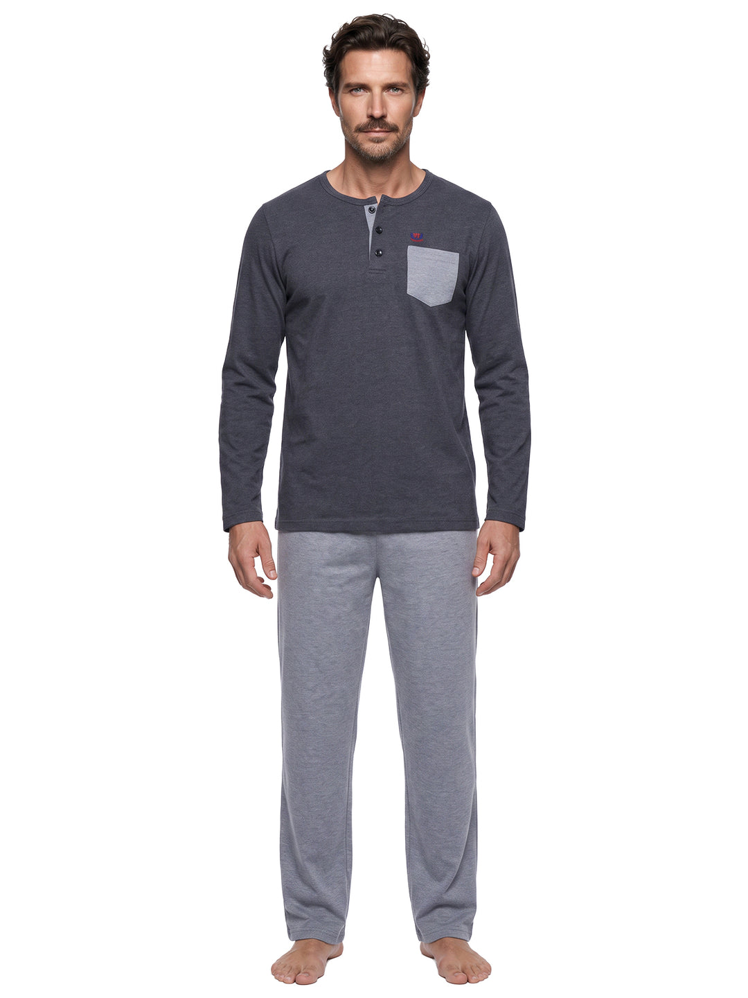 Pyjama Set Langarm - Carlo Henley Uni Kontrast-Brusttasche