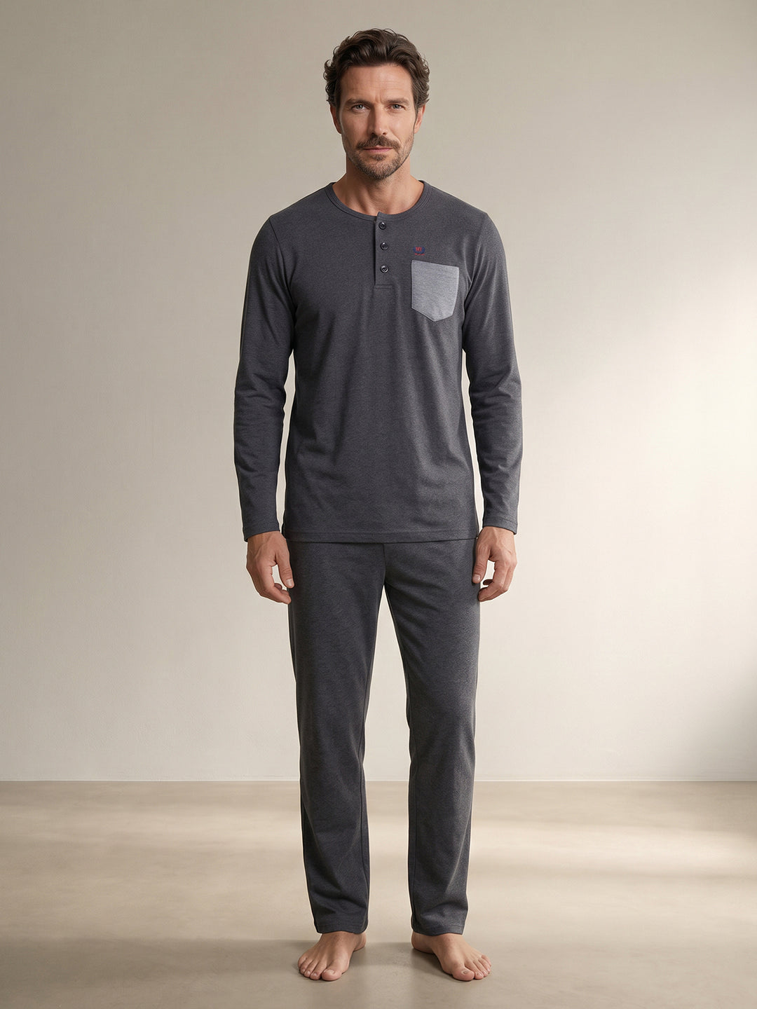 Pyjama Set Langarm - Carlo Henley Uni Kontrast-Brusttasche
