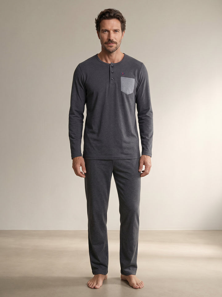 Pyjama Set Langarm - Carlo Henley Uni Kontrast-Brusttasche