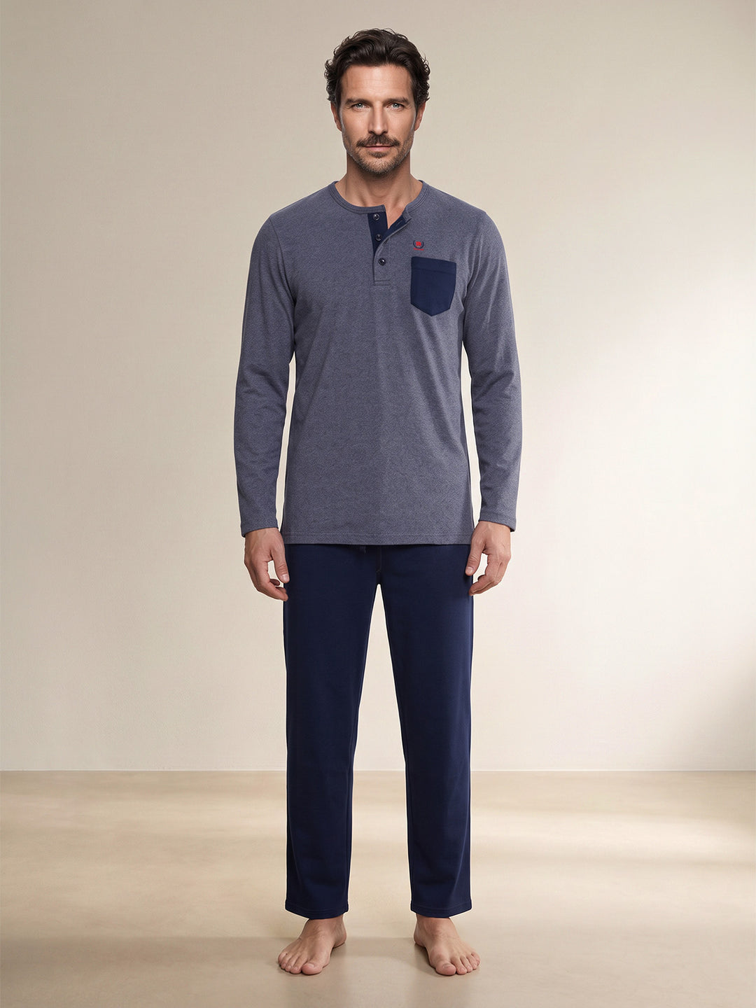 Pyjama Set Langarm - Carlo Henley Uni Kontrast-Brusttasche