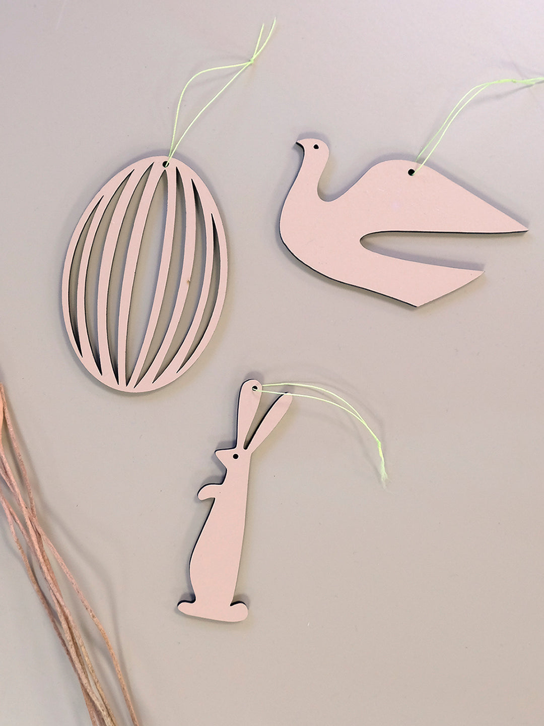 Pendant Easter egg trio pigeon, egg and rabbit wood