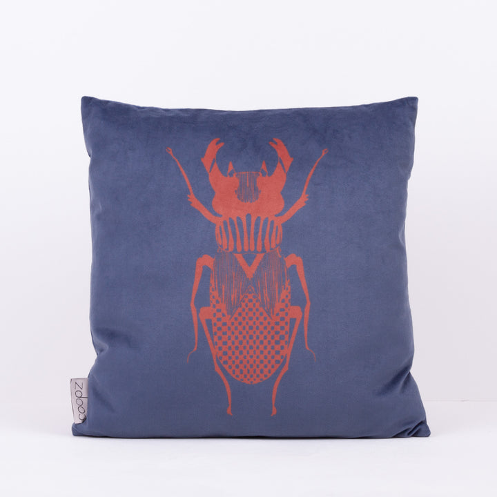 Cushion Stag Beetle Graphic Velvet Blue