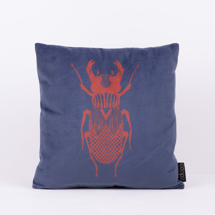 Cushion Stag Beetle Graphic Velvet Blue