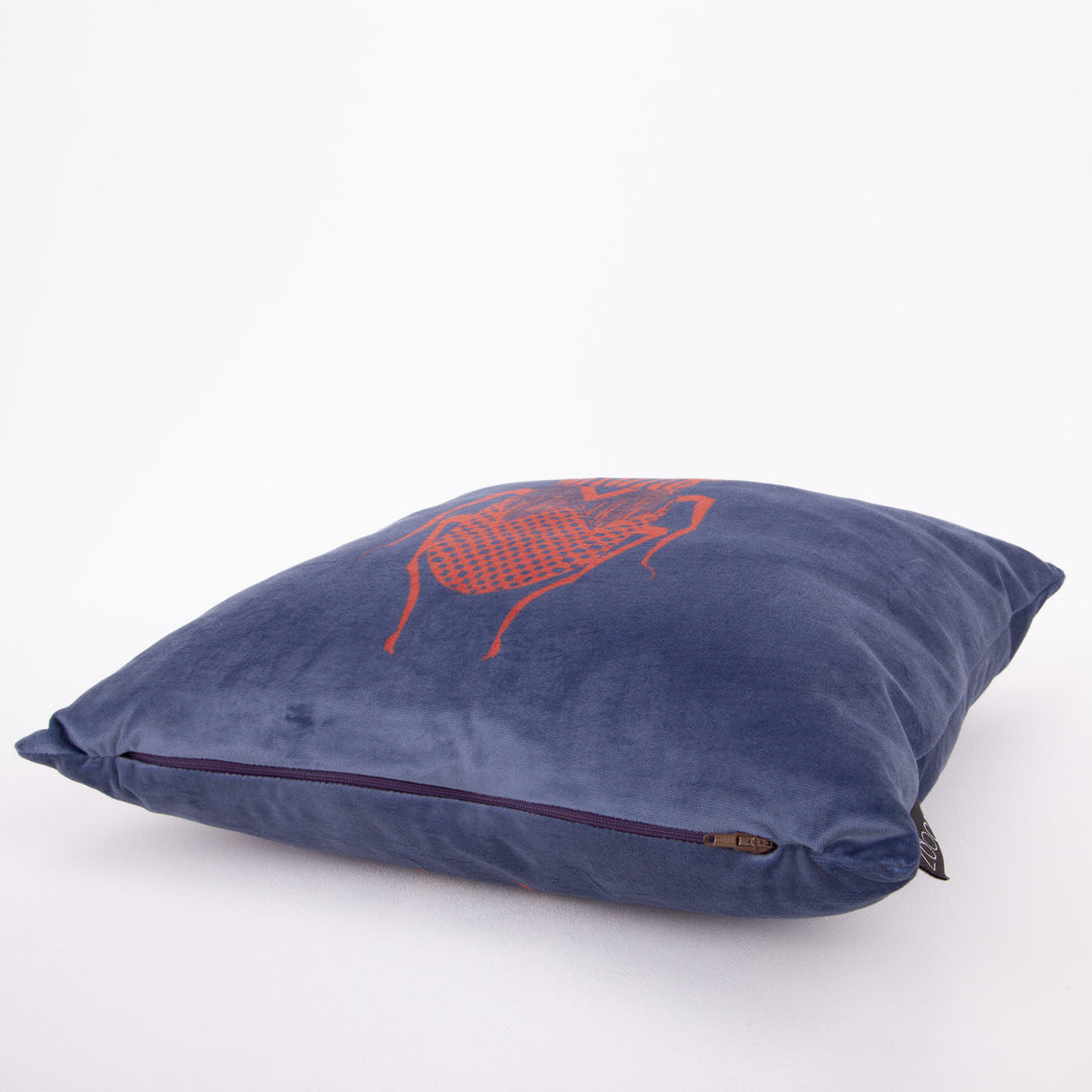 Cushion Stag Beetle Graphic Velvet Blue