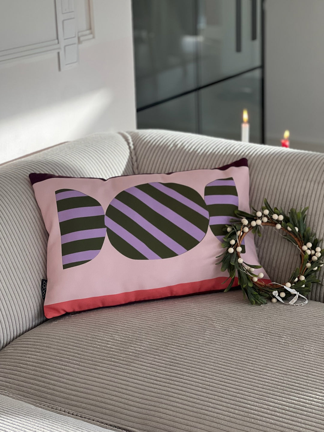Weihnachtlicher Kissenbezug- Bonbon rosa mit grün/ lila
