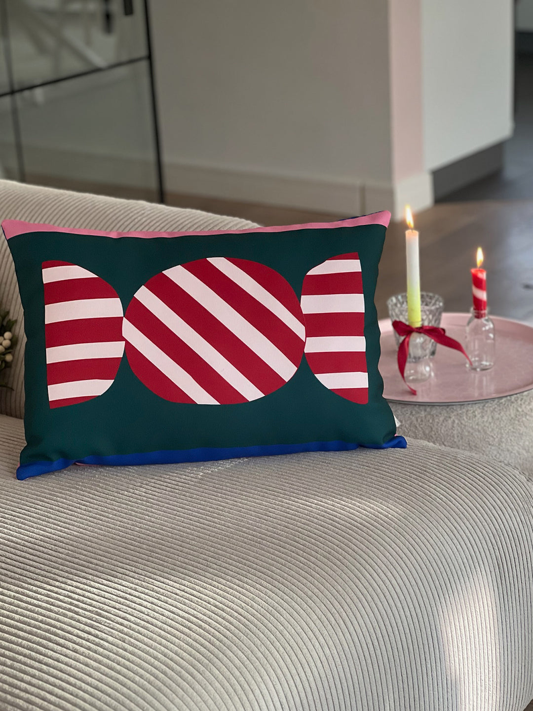 Weihnachtlicher Kissenbezug- Bonbon grün mit plum/ rosé