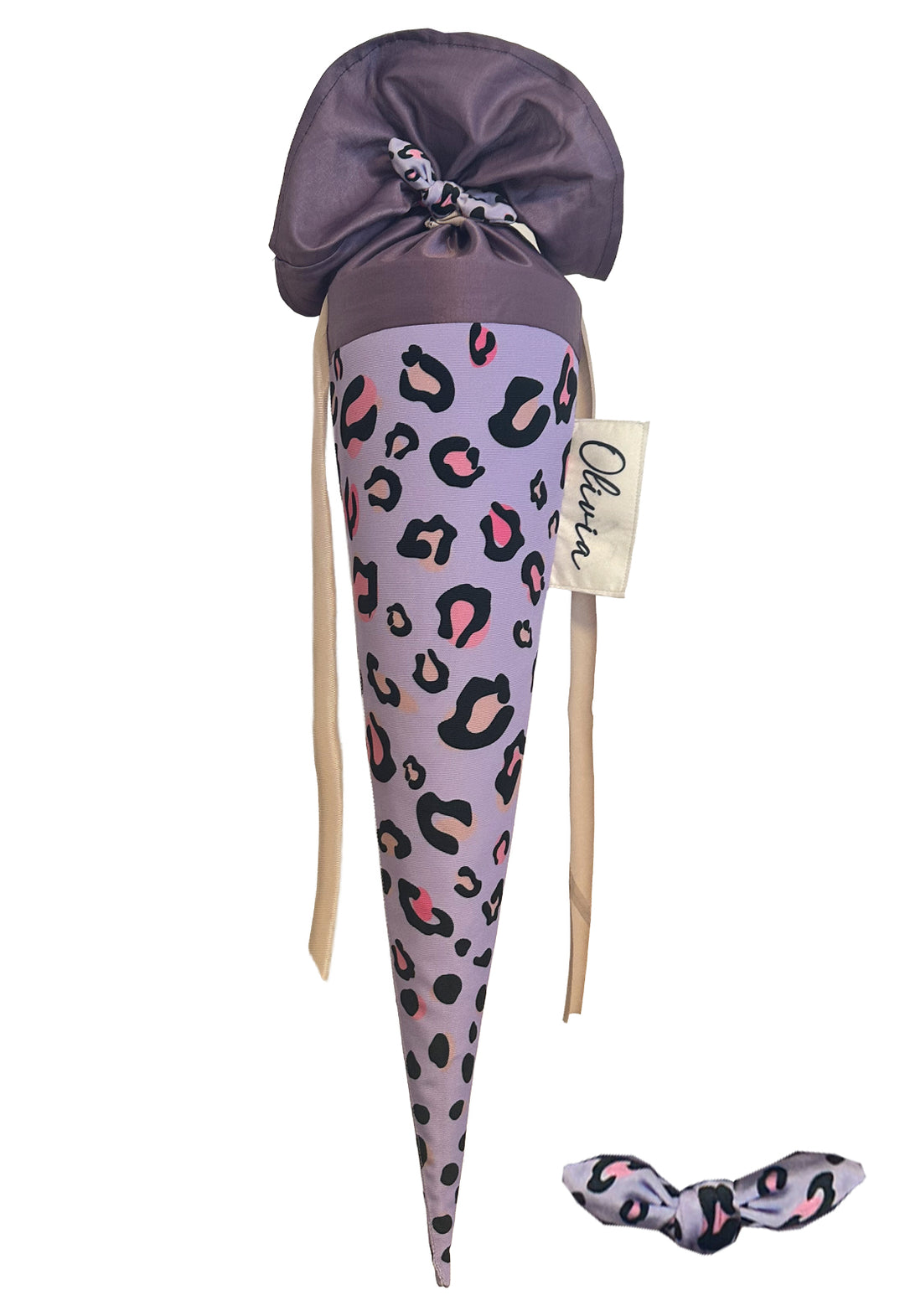Schultüte Leo flieder mit rosa mit Haarschleife 70cm