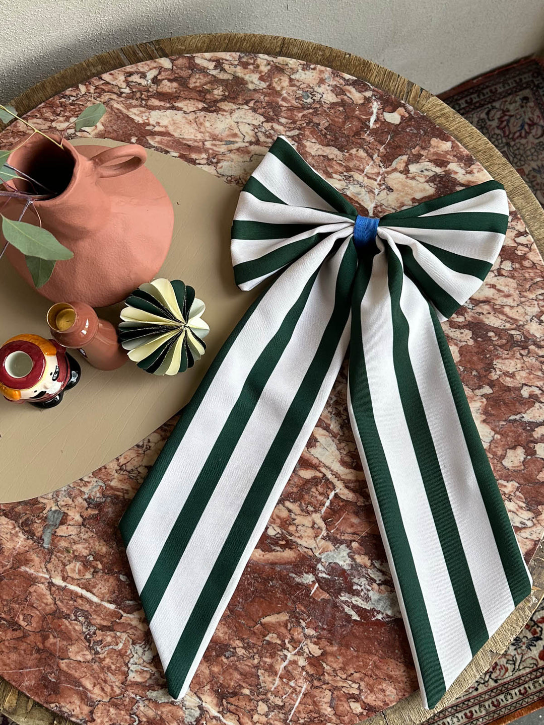 Weihnachtsschmuck Schleife creme/tannengrün breit gestreift