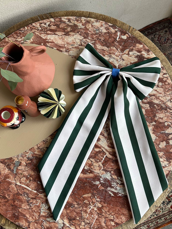 Weihnachtsschmuck Schleife creme/tannengrün breit gestreift