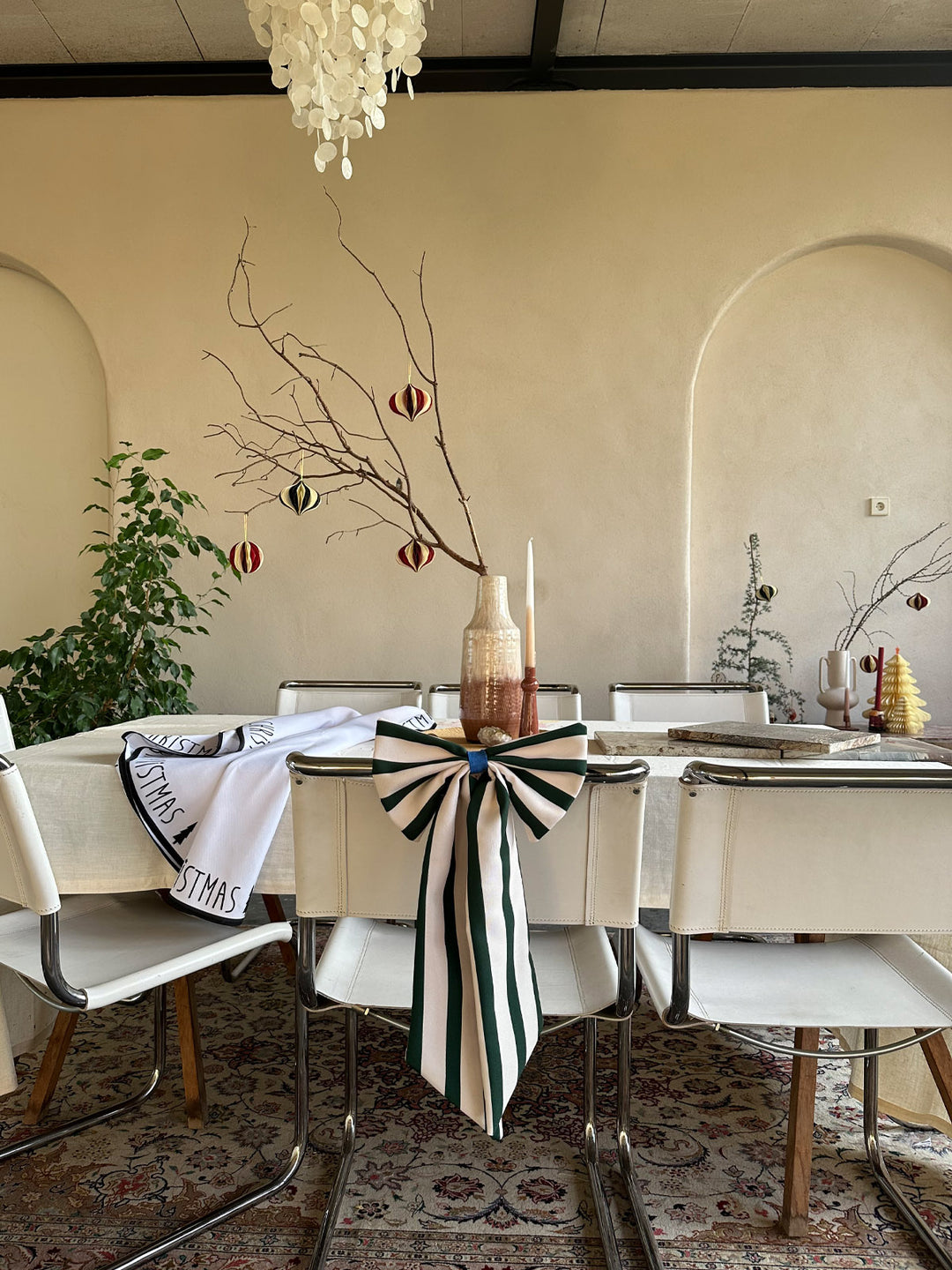 Weihnachtsschmuck Schleife creme/tannengrün breit gestreift