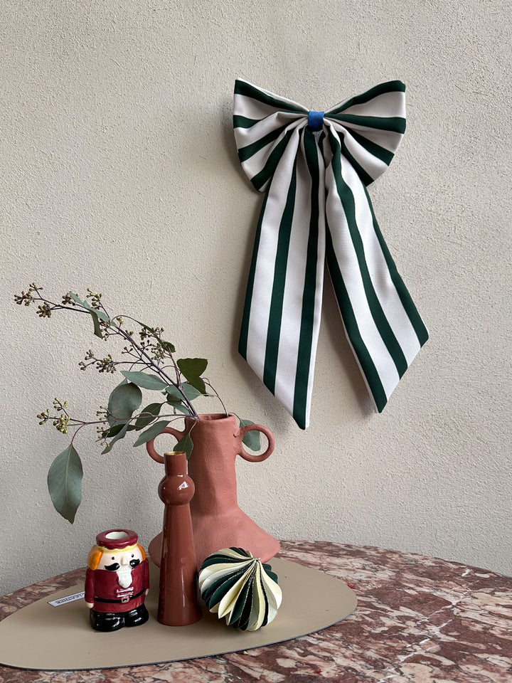 Weihnachtsschmuck Schleife creme/tannengrün breit gestreift