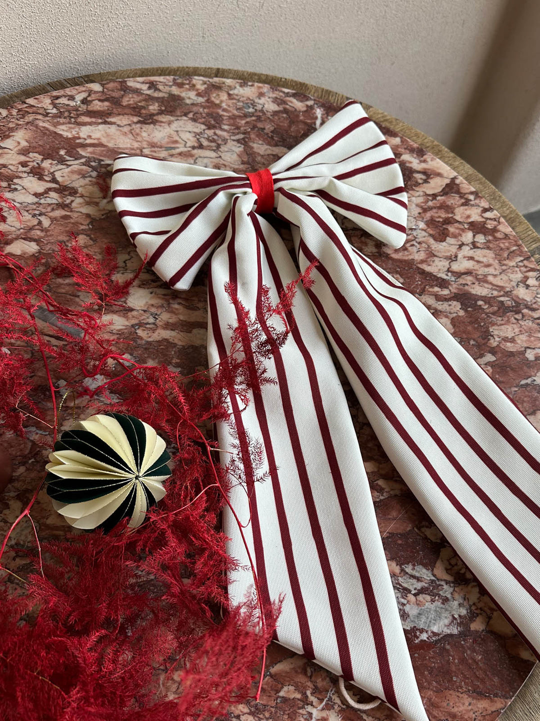 Weihnachtsschmuck Schleife creme/bordeaux schmal gestreift