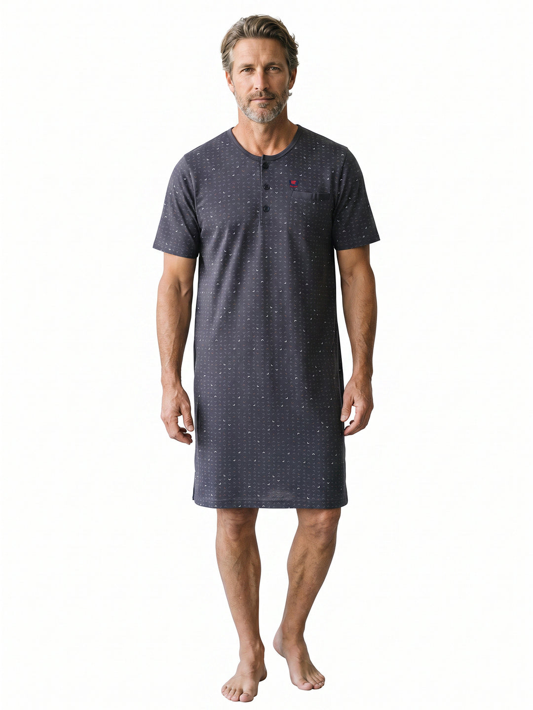 Herren Nachthemd Kurzarm - Theo Rundhals Knopfleiste Single-Jersey