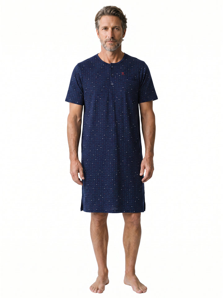 Herren Nachthemd Kurzarm - Theo Rundhals Knopfleiste Single-Jersey