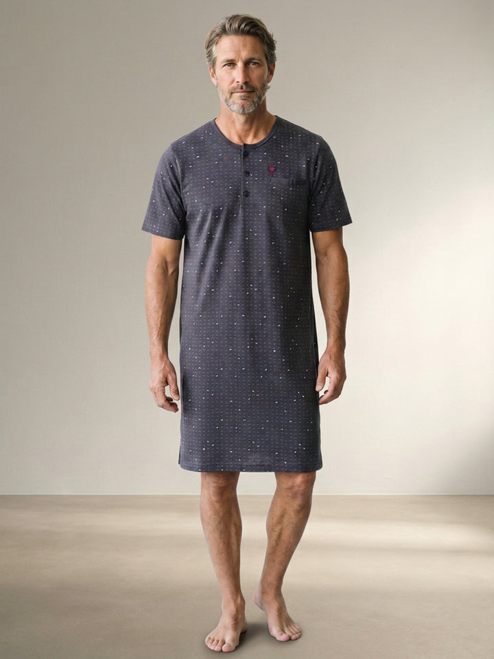 Herren Nachthemd Kurzarm - Theo Rundhals Knopfleiste Single-Jersey