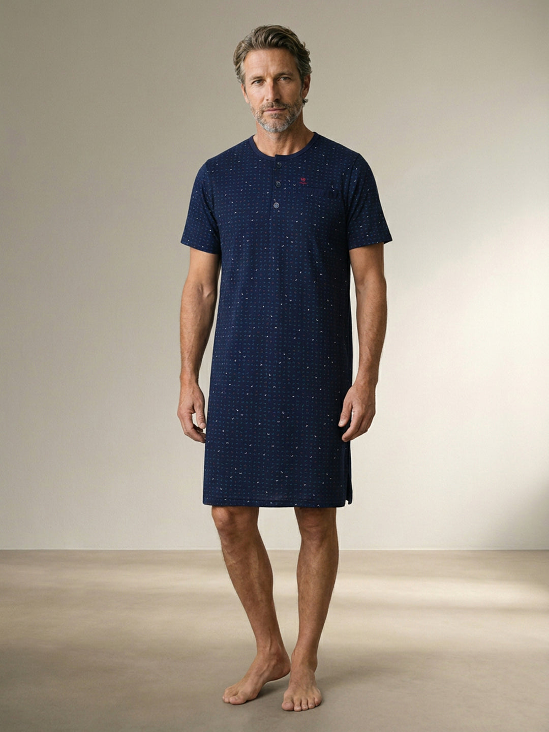 Herren Nachthemd Kurzarm - Theo Rundhals Knopfleiste Single-Jersey