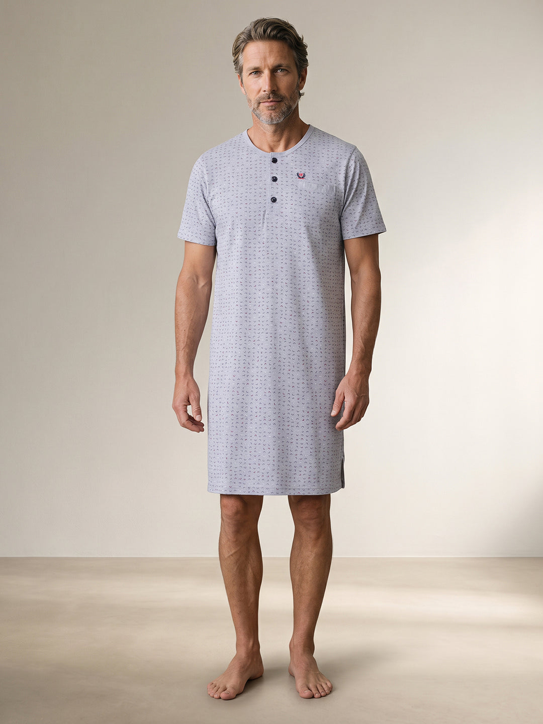Herren Nachthemd Kurzarm - Theo Rundhals Knopfleiste Single-Jersey
