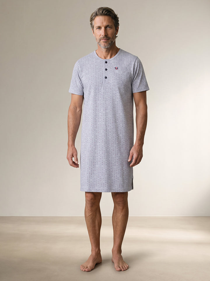 Herren Nachthemd Kurzarm - Theo Rundhals Knopfleiste Single-Jersey